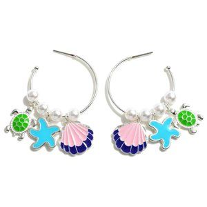 Hoop Earrings Featuring Pearls And Enamel Charms Pink, Blue, and Green